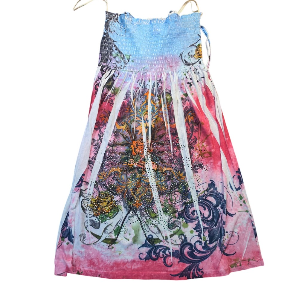 Y2K Ocean Blue Tattoo Graphic Smocked Strapless Dress Rhinestone Pink Blue Sz M